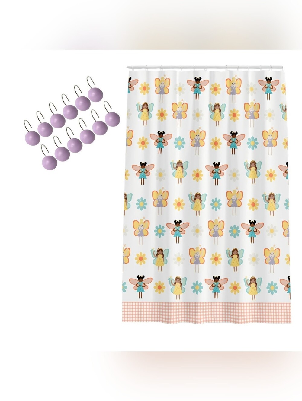 NWT Whimsical And Colorful Fairy Shower Curtain with Lilac Hooks Size 72" X 72"